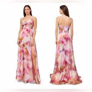 Aidan Mattox 10 Pink Floral Long Maxi Gown Dress Pockets Party Wedding NWT